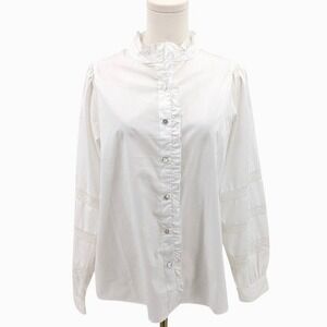 Hester & Orchard Ruffle‎ Blouse Lace Sleeve White Cotton Romantic Size S